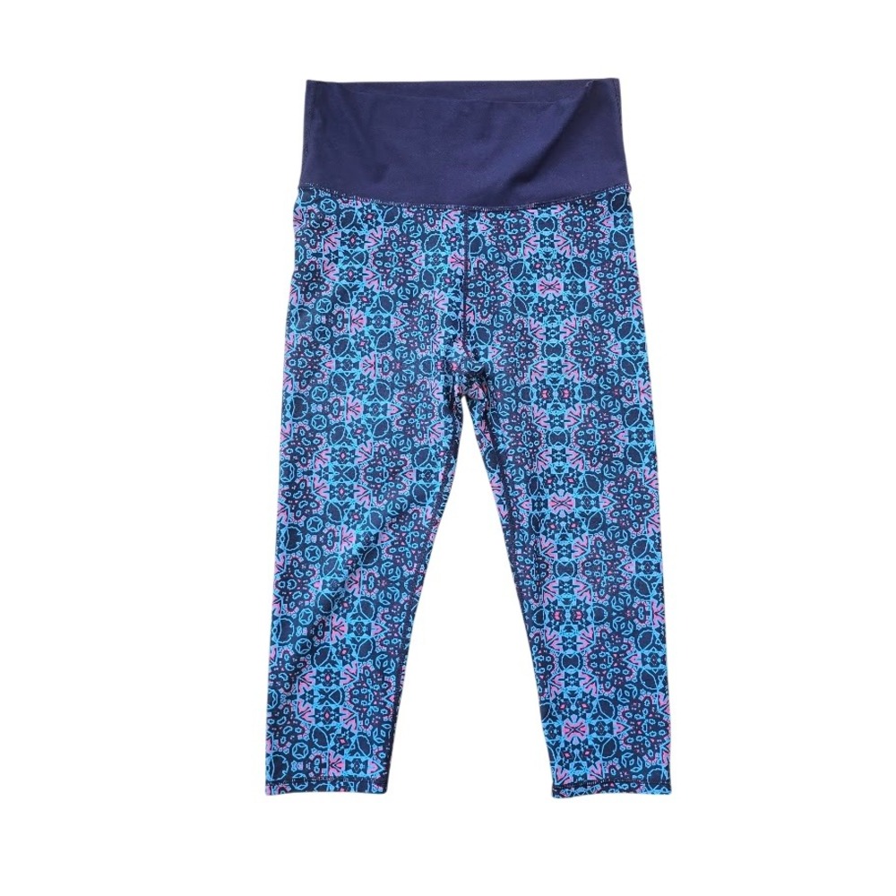 Fabletics Salar Foldover Leggings Womens M Blue Geometric Mosaic Capri Yoga Bold